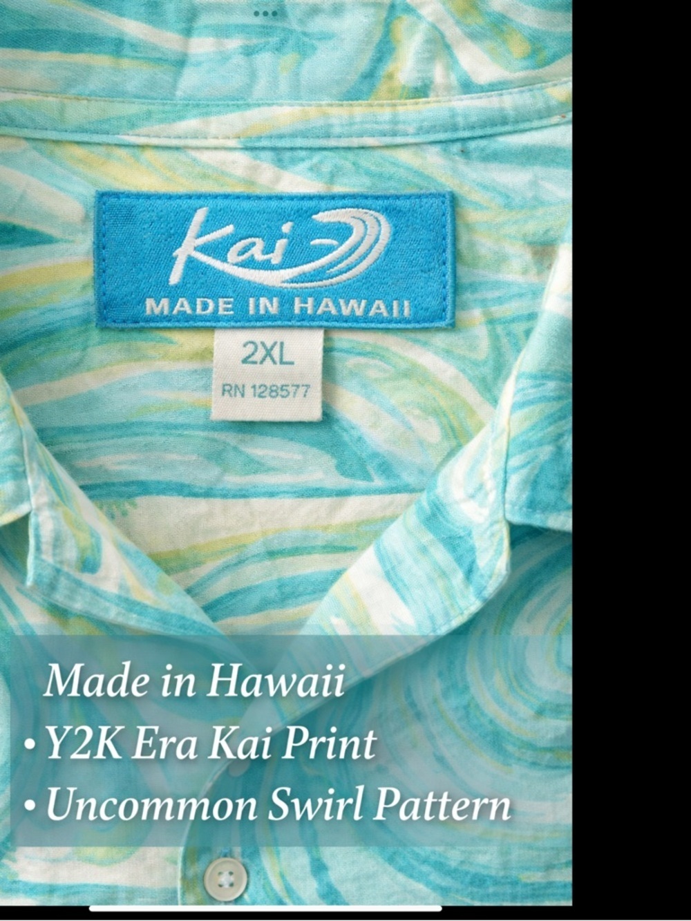 Kai Made in Hawaii Rare Ocean Swirl Aloha Shirt 2XL Y2K Hawaiian Camp Shirt